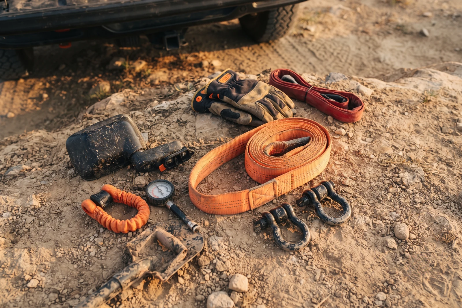 A flat-lay or close macro of real Jeep off-road gear (mirrors