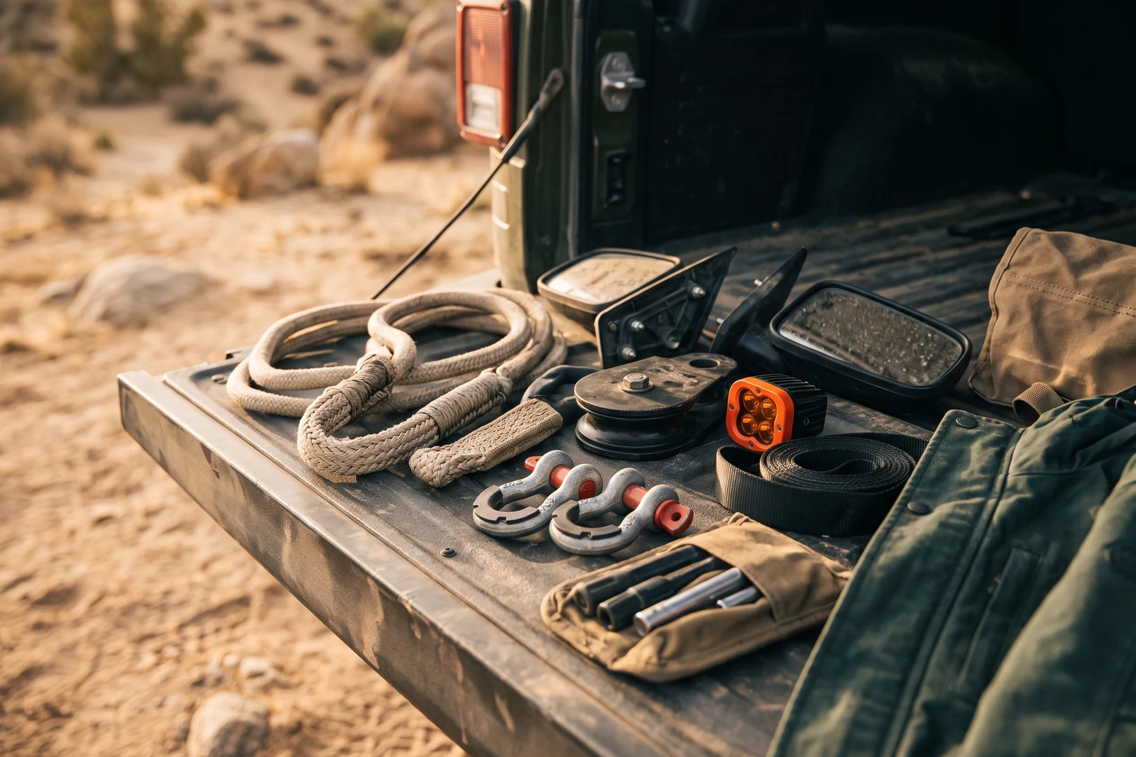 A flat-lay or close macro of real Jeep off-road gear (mirrors