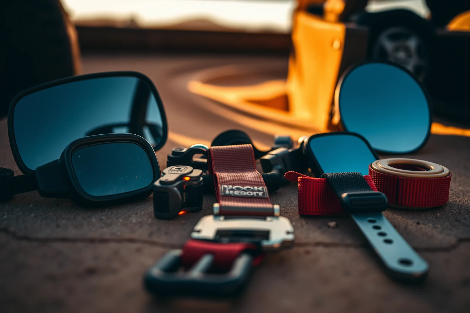 A flat-lay or close macro of real Jeep off-road gear (mirrors