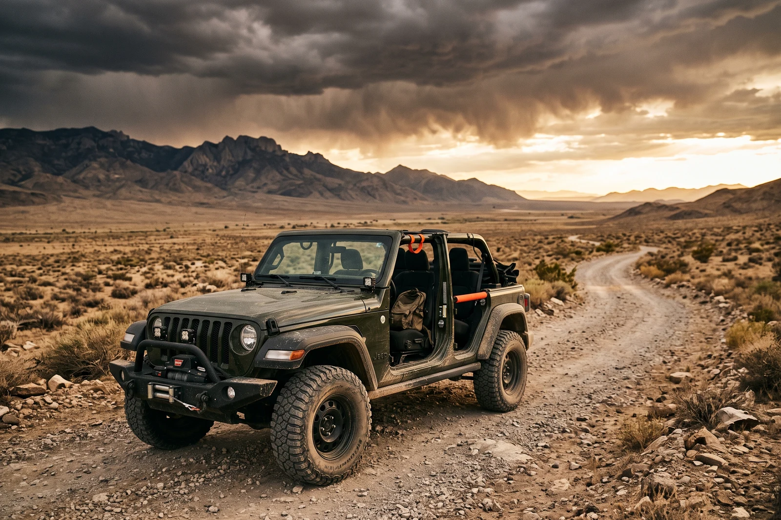 A Jeep Wrangler doors-off on an open desert road under a dramatic sky (building storm clouds or golden late-day light)