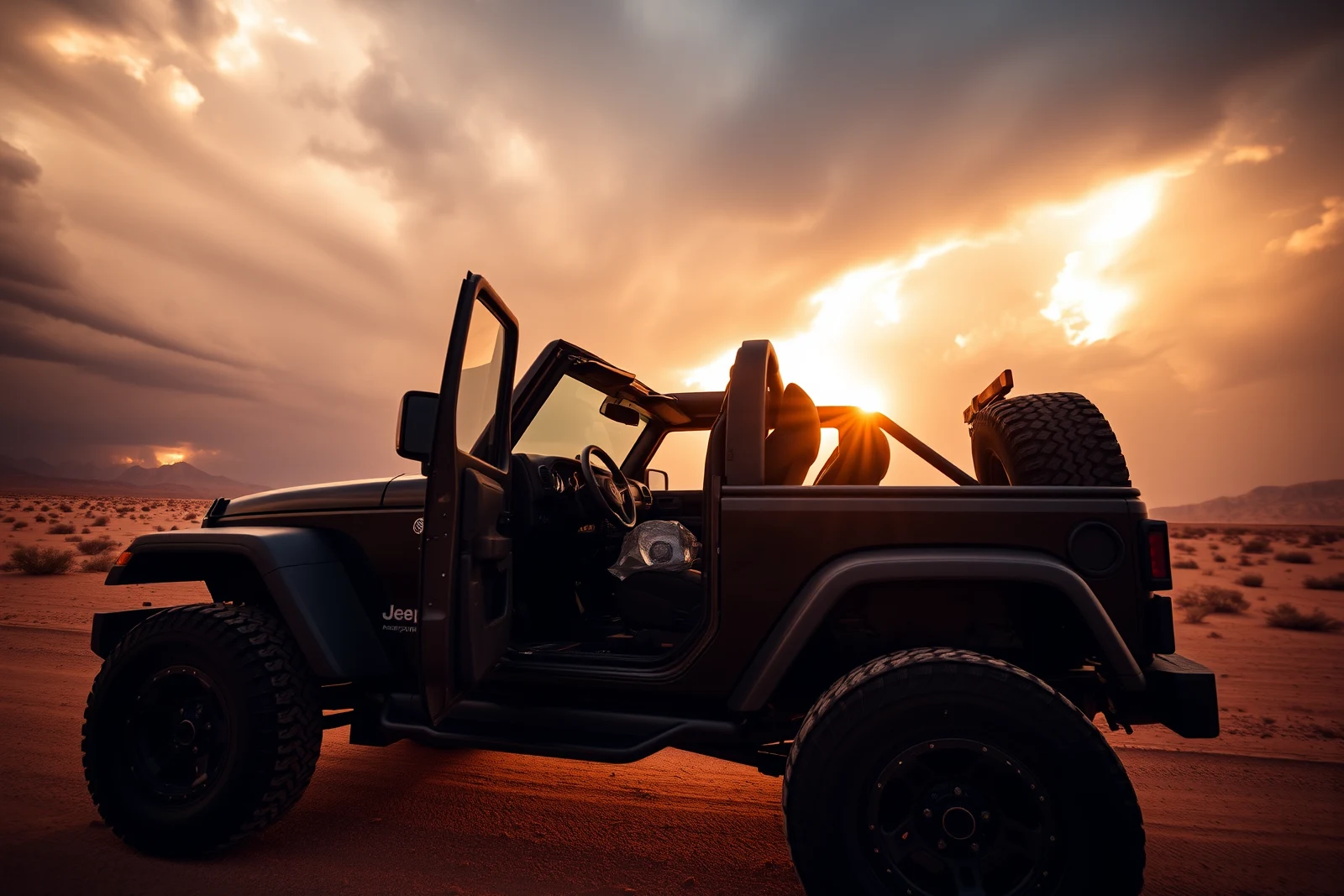 A Jeep Wrangler doors-off on an open desert road under a dramatic sky (building storm clouds or golden late-day light)
